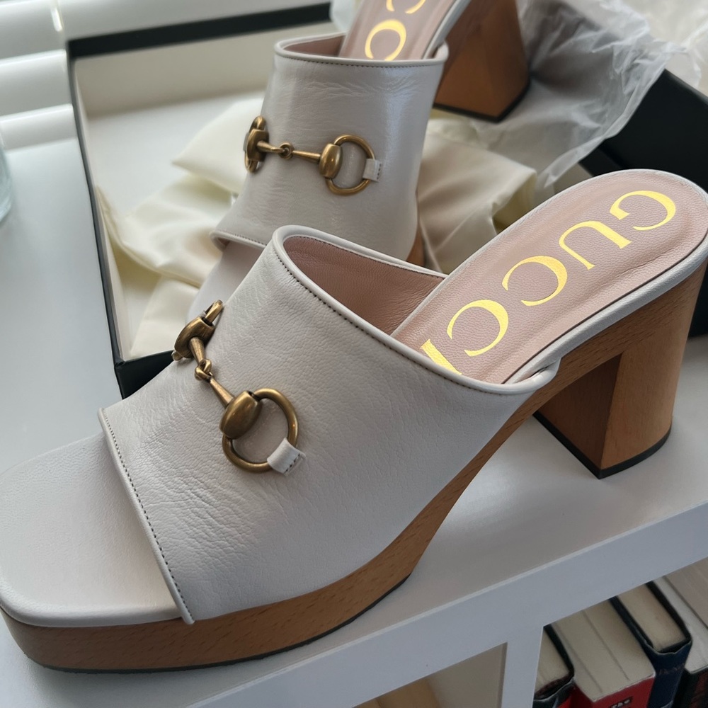 GUCCI Womens Houdan Leather Horsebit Platform Wood Clog Mule Sandals NEW